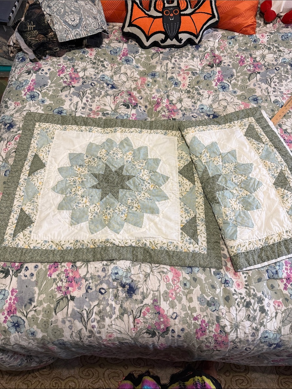 Handmade Quilted Pillow Shams in Soft Sage and Cream